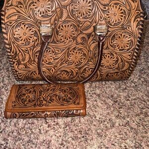 Tooled Floral Leather Satchel and Wallet Set in Brown